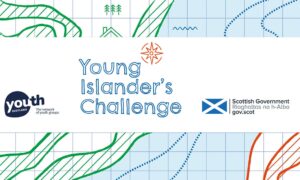 In a white bar are the logos for Youth Scotland, Young Islander's Challenge and Scottish Government from left to right. In the background is an illustrated depiction of a map of an island.