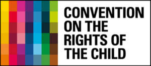 Black text reads 'Convention on the Rights of the Child' next to a grid of colourful squares.