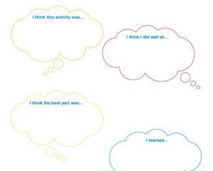 A worksheet features colourful outlines of thought bubbles with room for young people to fill out their work.