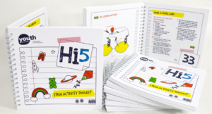 A stack of Hi5 Stem Activity Toolkits are arranged showing colourful interior pages with lots of graphics.