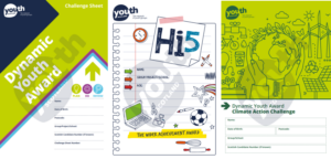 The cover pages of the challenge sheets for the Dynamic Youth Award, Hi5 Award and Climate Action Challenge Awards are arranged left to right.
