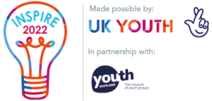 On the left is the logo for Inspire 2022. To the right, grey text reads 'Made possible by:' with the logos for UK Youth and National Lottery. Below this, grey text reads 'In partnership with:' with the logo for Youth Scotland. 