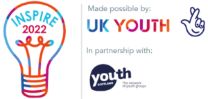 On the left is the logo for Inspire 2022. To the right, grey text reads 'Made possible by:' with the logos for UK Youth and National Lottery. Below this, grey text reads 'In partnership with:' with the logo for Youth Scotland.