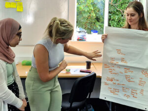 A young group present their thoughts in a workshop setting, with flip-chart and postits