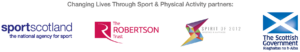 Black text reads, 'Changing Lives Through Sport & Physical Activity Partners.' Below this are the logos for Sport Scotland, The Robertson Trust, Spirit of 2012 and The Scottish Government, from left to right.