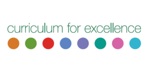 The curriculum for excellence logo, with the same words above eight coloured circles.