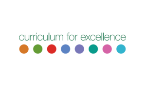 Green text reads 'curriculum for excellence' above a line of colourful dots.