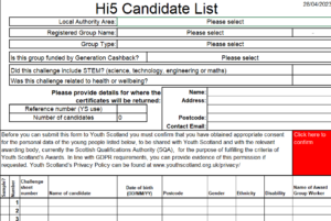 A close-up of the Hi5 Candidate List from the Candidate Registration Form.