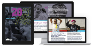 An image of a tablet, laptop and desktop screen displaying pages from the 2021/22 Impact Report.