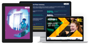 Pages from the Generation CashBack Annual Report 2022-23 show on the screens of a computer, tablet and laptop device.