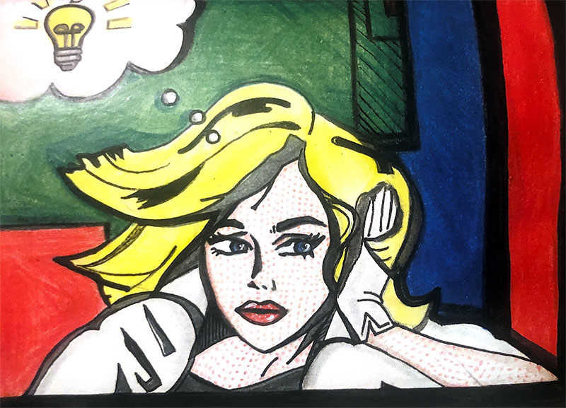 A pop-art style comic drawing with a blonde woman holding her hands over her ears. Above her head is a thought-bubble containing a lightbulb.