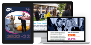 Pages from Youth Scotland's 2022-23 Impact Report shown in a tablet, Laptop and PC screen.