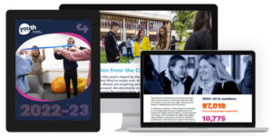 Pages from Youth Scotland's 2022-23 Impact Report shown in a tablet, Laptop and PC screen.