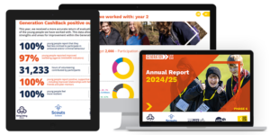 Three screened devices show pages from the new Generation CashBack Annual Report 2024-25