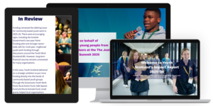 A range of devices show screens from the 2025-26 Youth Scotland Impact Report