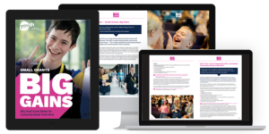 A range of devices show screens from the Small Grants, Big Gains report